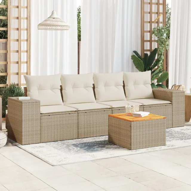 vidaXL 5-delige Loungeset met kussens poly rattan beige, foto 2