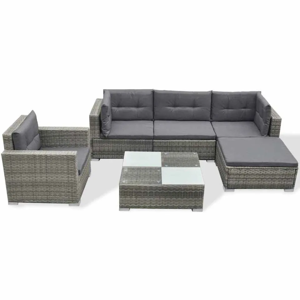 vidaXL 6-delige Loungeset met kussens poly rattan grijs, foto 3