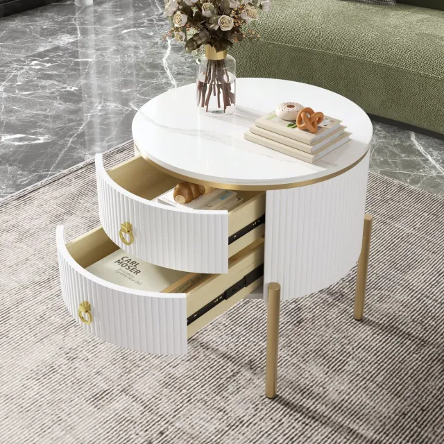 MIVRAY Bijzettafel - Marmerlook Met 2 Lades En Verstelbare Poten - Voor Woonkamer En Slaapkamer - MDF Wit Goud - 50x50x51 Cm