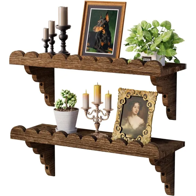 Flintry Set van 2 houten wandplanken met schulprand – zwevende planken met houten steunen, eenvoudig te installeren rustieke wandplanken voor woonkamer, slaapkamer of badkamer 2 stuks