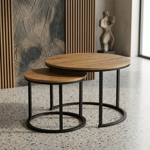 EleganceEssentials Ronde Salontafel Set van 2 – 70 & 50 cm – MDF Hout – Zwarte Poten Hout / eikenlook