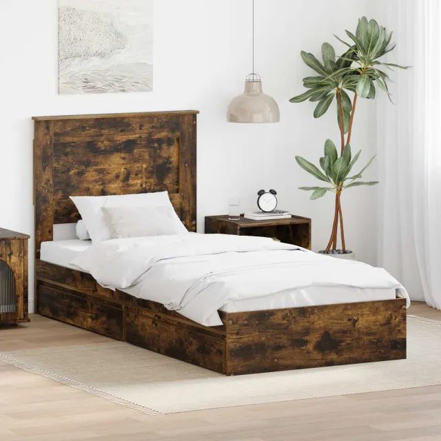 vidaXL Opslag bed met lade Gerookt eiken 90 x 200 cm Bewerkt hout Bruin
