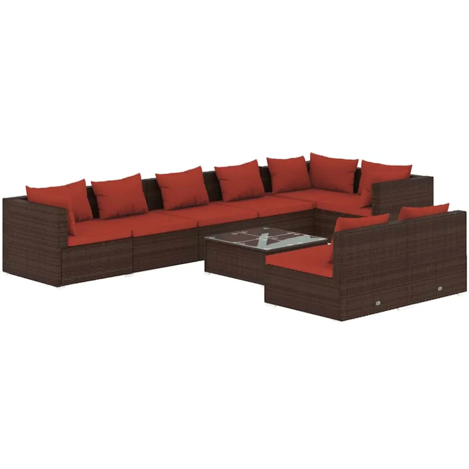 vidaXL 9-delige Loungeset met kussens poly rattan bruin