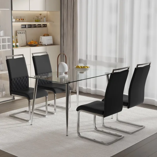 Welltin Eetkamerstoelen, set van 4, PU-leer en linnen rugleuning, hoge gestoffeerde stoel, horizontale strepen op de rugleuning, geschikt voor eetkamer, keuken, gastenkamer of kantoor, Zwart