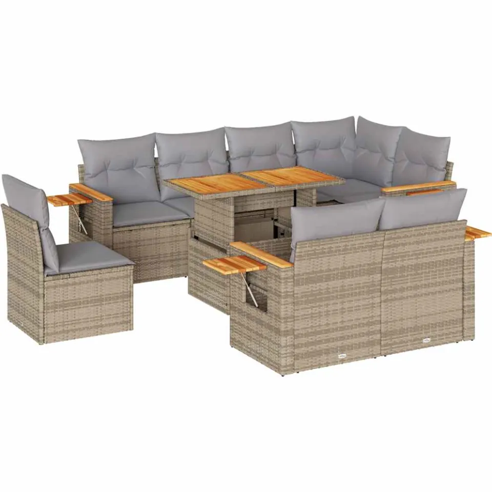 vidaXL 9-delige Loungeset met kussens poly rattan acacia beige, foto 3