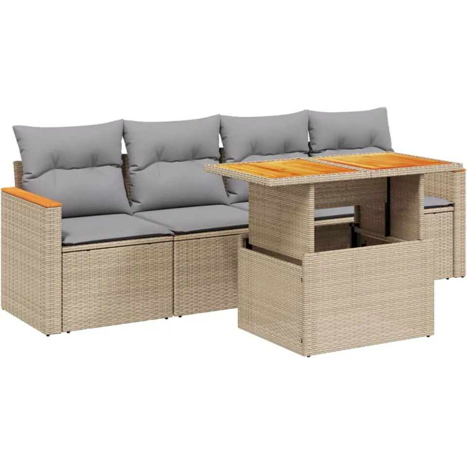 vidaXL 5-delige Loungeset met kussens poly rattan beige, foto 3