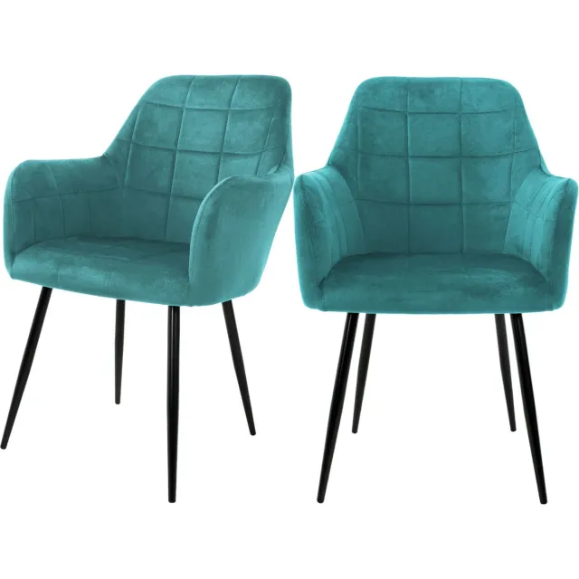 ml-design ECD Germany Set van 2 Eetkamerstoelen met Rugleuningen en Armleuningen, Turquoise, Keukenstoelen met Fluwelen Bekleding, Gestoffeerde Stoelen met Metalen Poten, Ergonomische Stoelen voor Eettafel