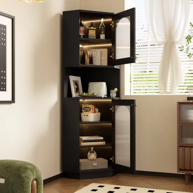 Clruro Badschrank - 45 x 45 x 166,5 cm - Lichtleiste - Verstellbare Regale - Zwart - Badmeubel