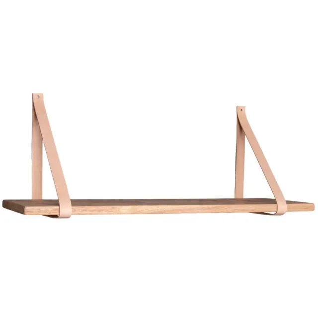 QUVIO Wandplank - Rubberhout en Leer - 80x20 cm - Bruin Lichtbruin