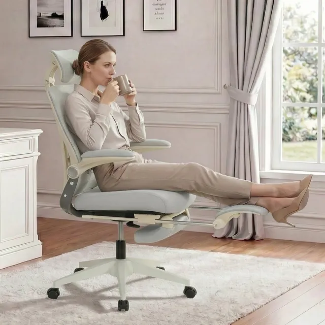 MIVRAY Bureaustoel 102 tot 129 Cm Klapbaar Ergonomisch Met Netrugleuning Hoofdsteun Lendensteun Voor Thuis En Kantoor Grijs
