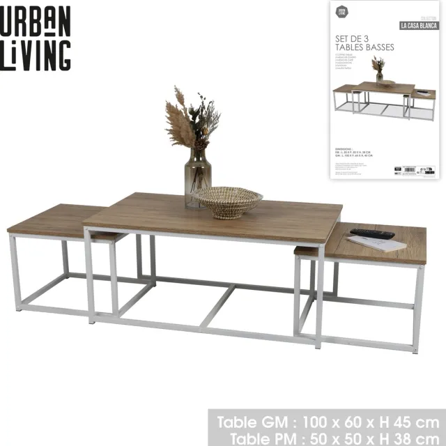 Casame "LA CASA BLANCA" SALONTAFELS SET VAN 3 HOUT EN METAAL 1-100X60XH45CM + 2-50X50XH38CM WHITE