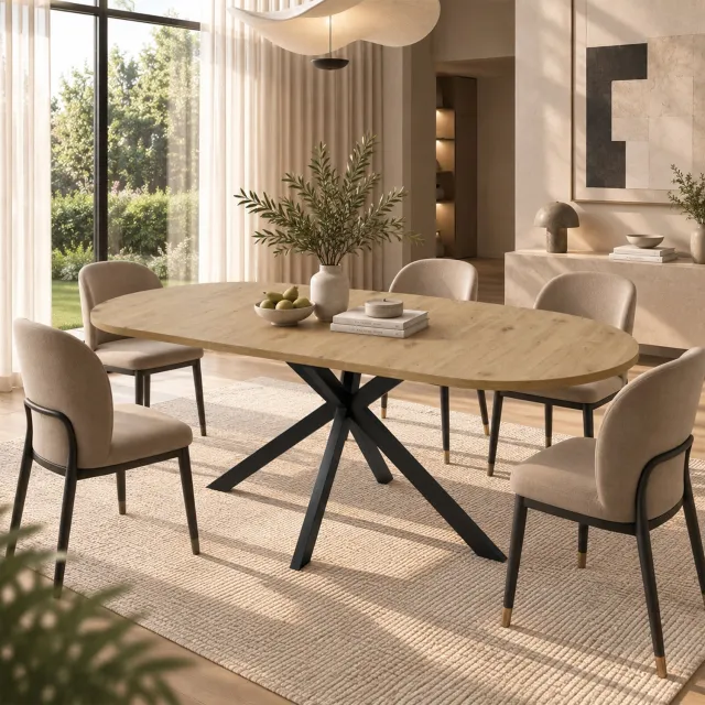 OKWISH Uitschuifbare Eettafel - Ovaal Blad voor 4 tot 6 Personen - Voor Eetkamer en Keuken - MDF en Metaal in Houtkleur - 160 x 80 x 75 cm