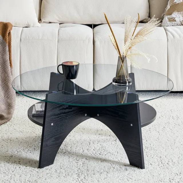 MEUNIQ Ronde bijzettafel Ø 80 cm met transparant veiligheidsglas en zwart MDF onderstel – moderne lage tafel voor woonkamer of slaapkamer