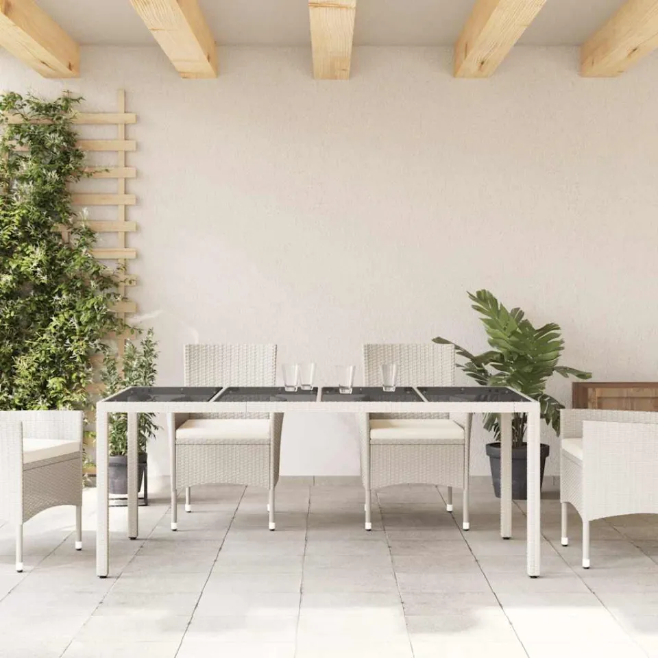 vidaXL Tuintafel met glazen blad 190x90x75 cm poly rattan wit, foto 3