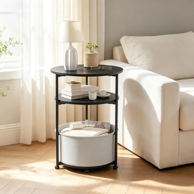 HAUSS SPOLE Ronde Bijzettafel Met Opbergmand - Moderne Salontafel Voor Woonkamer En Slaapkamer - Metaal En Stof - 43 x 56 Cm - Zwart