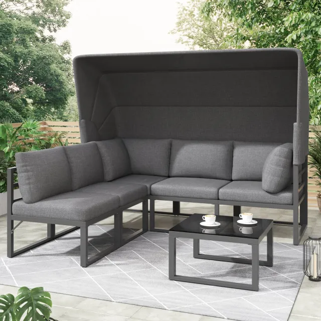 Clruro Garten Loungeset - 4-delig - Loungesessel Met Hocker En Tafel Met Luifel - Weerbestendig - Metaal - Grijs