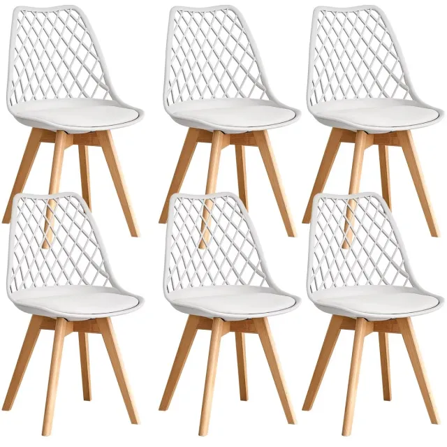 Whoopr® Set van 6 Eetkamerstoelen – Moderne Gestoffeerde Stoelen met Mesh Rugleuning & Massief Houten Poten – Comfortabele Keukenstoelen voor Eetkamer, Woonkamer & Café Wit