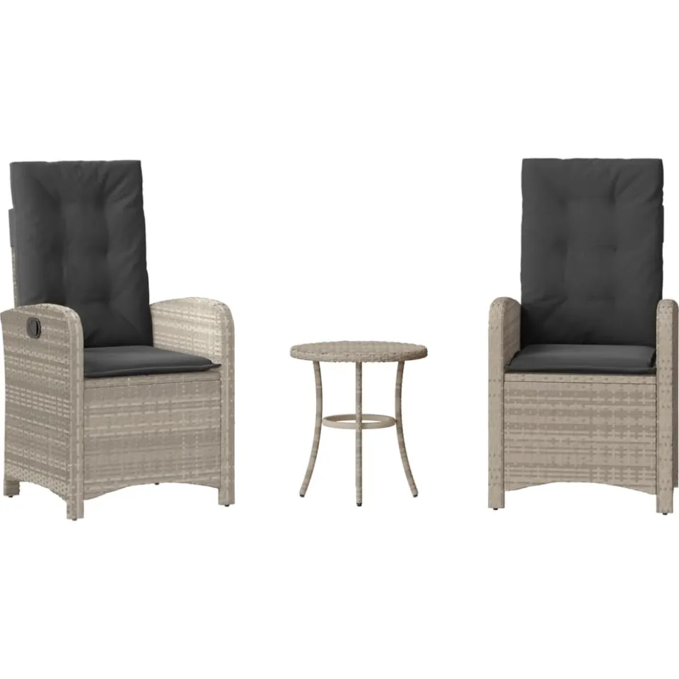 vidaXL 3-delige Bistroset met kussens poly rattan lichtgrijs