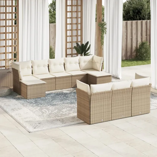 vidaXL 10-delige Loungeset met kussens poly rattan beige, foto 2