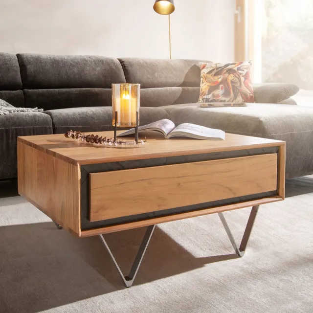 DELIFE Salontafel Stonegrace 80x60 acacia natuur 2 laden steen fineer V-poot Bruin
