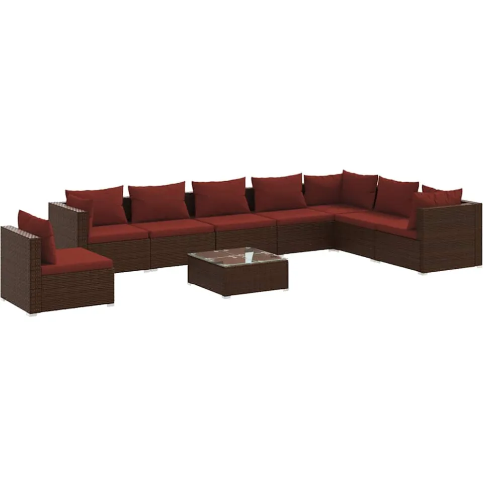 vidaXL 9-delige Loungeset met kussens poly rattan bruin