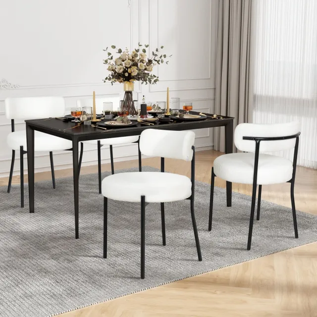 Puluomis Eetkamerstoelen - Set van 4 - Teddy Fleece - Metalen poten - Gevoerde zitkussens - Gebogen rugleuning - Wit