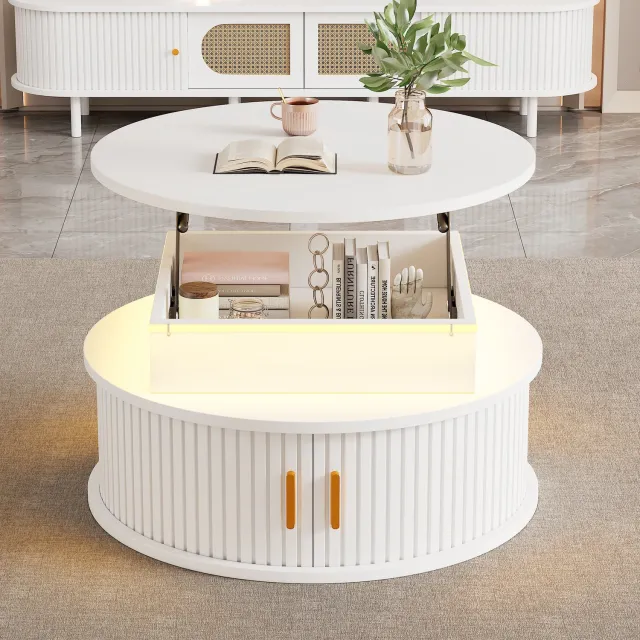 DantefHandels 75*75*52Cm salontafel in hoogte verstelbaar salontafel bijzettafel met led, ronder salontafel,Ein wit tafel met verstecktem opbergruimte, Hochglanztisch