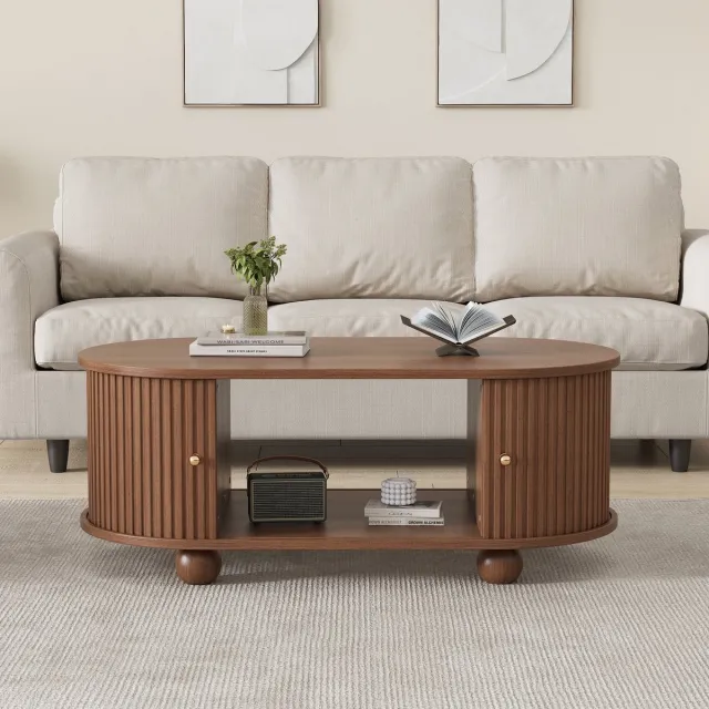 MODFU Salontafel 100×50×40 cm – Ovaal design met 360° schuifdeuren – Opbergruimte & 30 kg draagvermogen – Walnoot MDF – Moderne woonkamer tafel