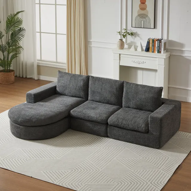 Wishdor Hoekbank met verwisselbare chaise longue - Modulaire 3-zits - Dubbele kussens - Drie kussens met neksteun - Chenille - Design voor woonkamer - Grijs - 250 x 160 x 80 cm
