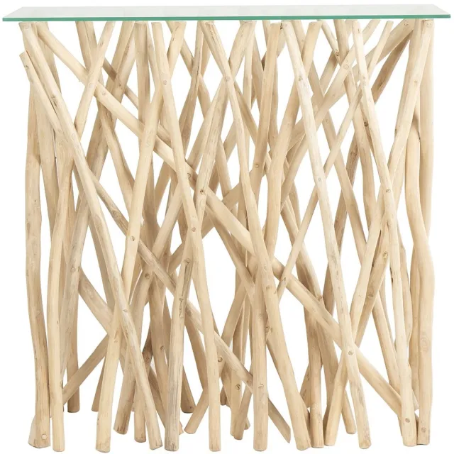 Vente-unique Sidetable van gehard glas en teakhout - Naturelkleur - GAYANA Natuurlijk licht