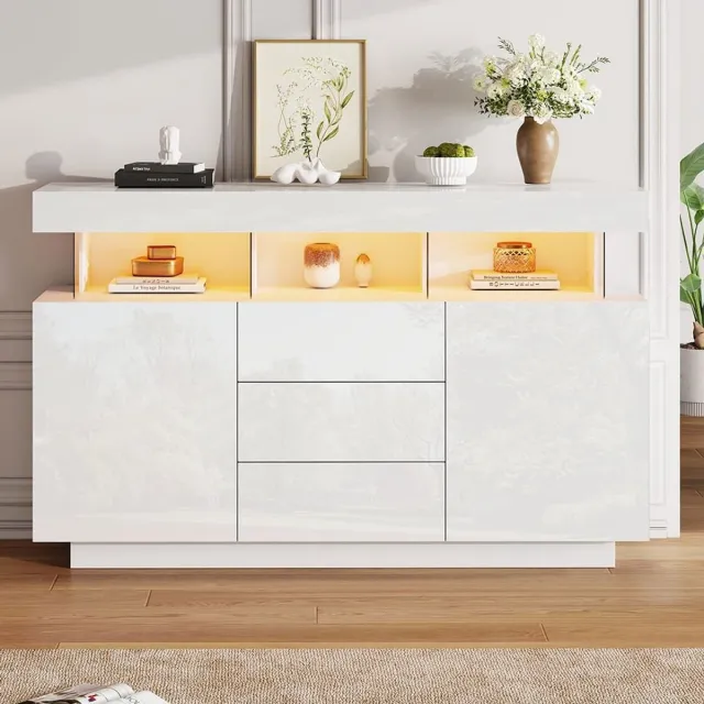 Pugsdrly Modern dressoir 140 x 35 x 80 cm, glanzend dressoir, koffiebar, acryl dressoir met 16-kleuren LED stripverlichting, geschikt voor eetkamer, keuken, hal (wit)