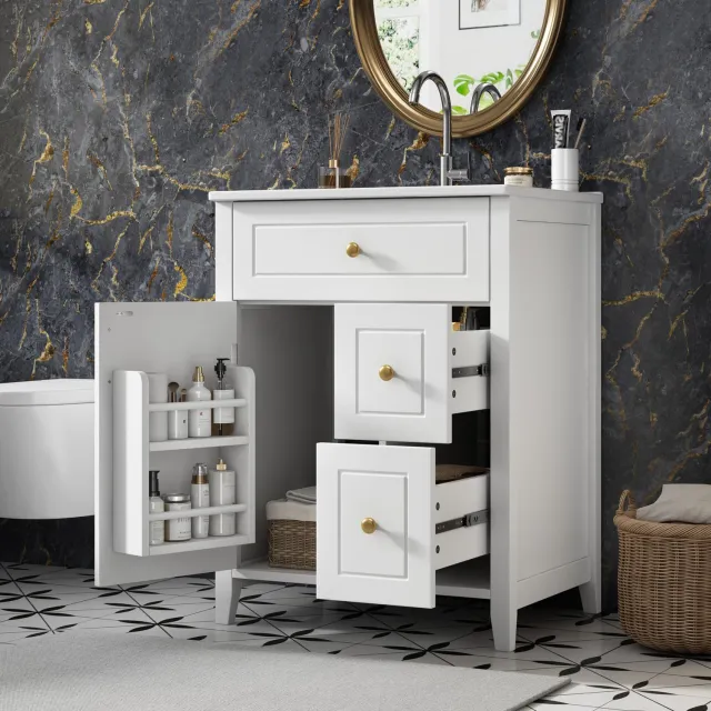 Welltin Badkamermeubel met Keramische Wastafel 61 cm – Witte Wastafelonderkast met 2 Lades, Klaplade, Deur en Gouden Handgrepen
