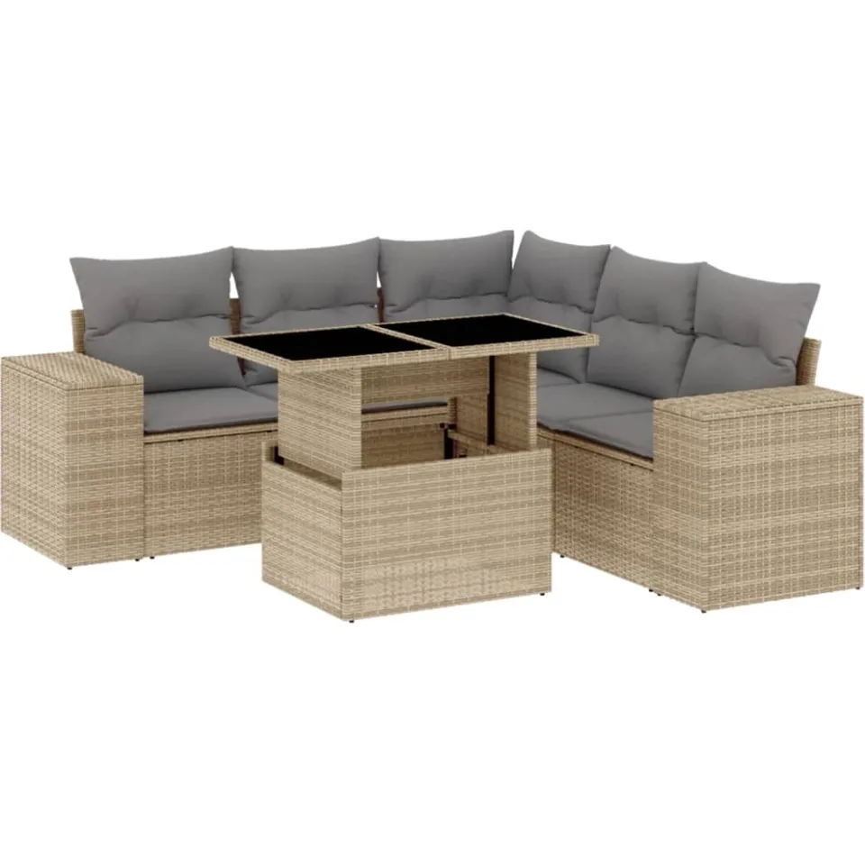 vidaXL 6-delige Loungeset met kussens poly rattan beige, foto 3