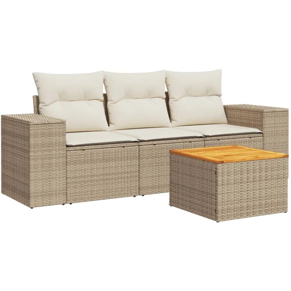 vidaXL 4-delige Loungeset met kussens poly rattan beige, foto 3