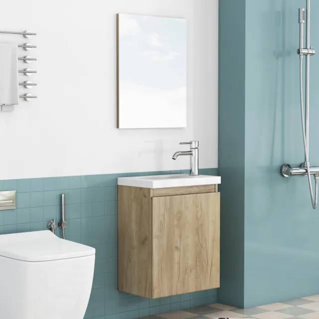 COVREO Badkamer wastafelmeubel 39,8x24,8x48 cm Oak - MDF - wandmontage - keramische wastafel en spiegel