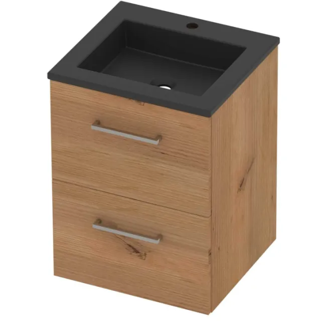 Basic-Line Aura 46 Badmeubelset Acryl 1 Kraangat Voor Grepen 50x46x62 cm Whisky Oak Mat Zwart