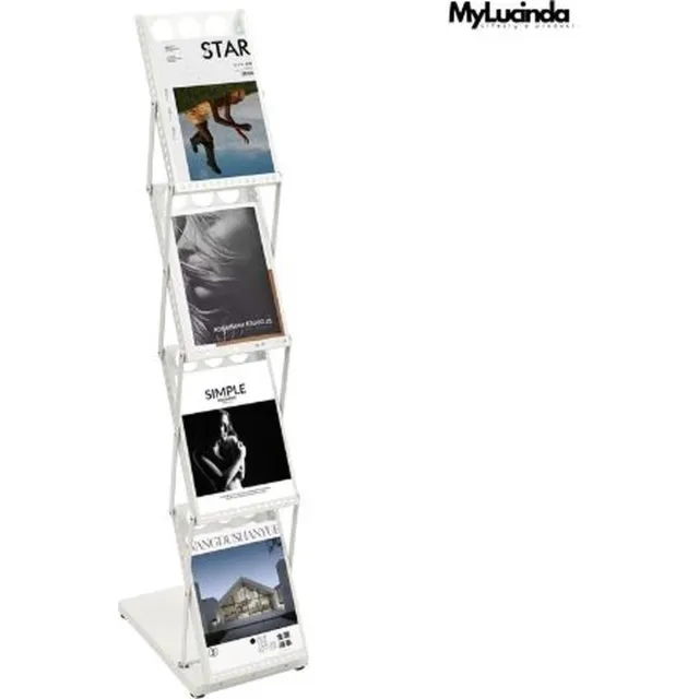 Mylucinda Opvouwbare Tijdschriftenhouder – 4 Lagen Boek- en Krantenrek voor Vloer, Compact Tijdschriftenrek en Display Plank Wit
