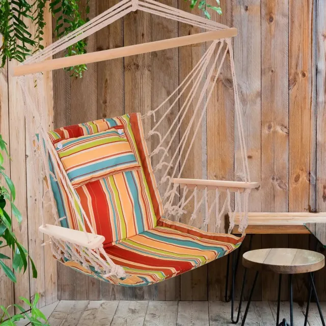 MEUNIQ Hangstoel met kussen en houten dwarsstang, tot 100 kg belastbaar, licht opvouwbaar voor woonkamer, balkon, tuin en camping, multicolor