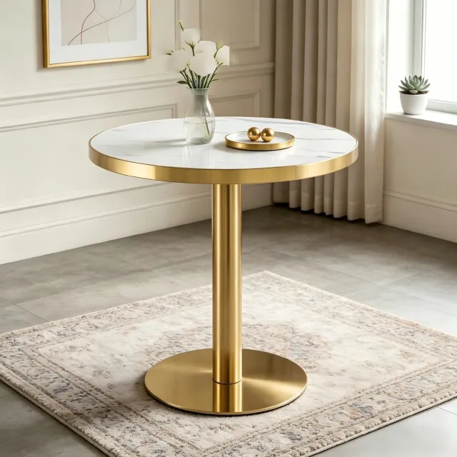 MODFU Bijzettafel - UV-Gecoat Marmerlook - Modern - MDF En RVS - Wit/Goud - 60×60×74 Cm Wit en goud