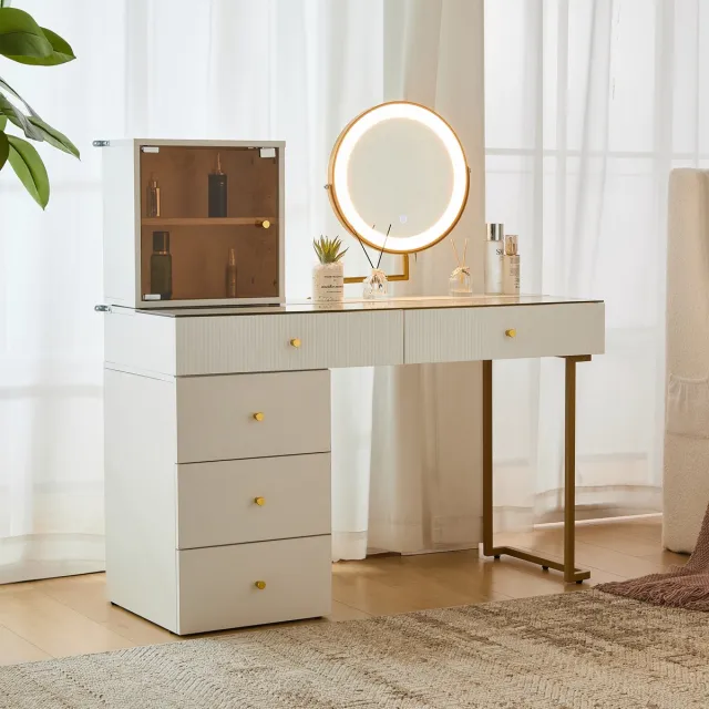 REDOM Schminktafel - Met LED-spiegel - Met glazen tafelblad - 115x120x45 cm wit/goud Goud+Wit