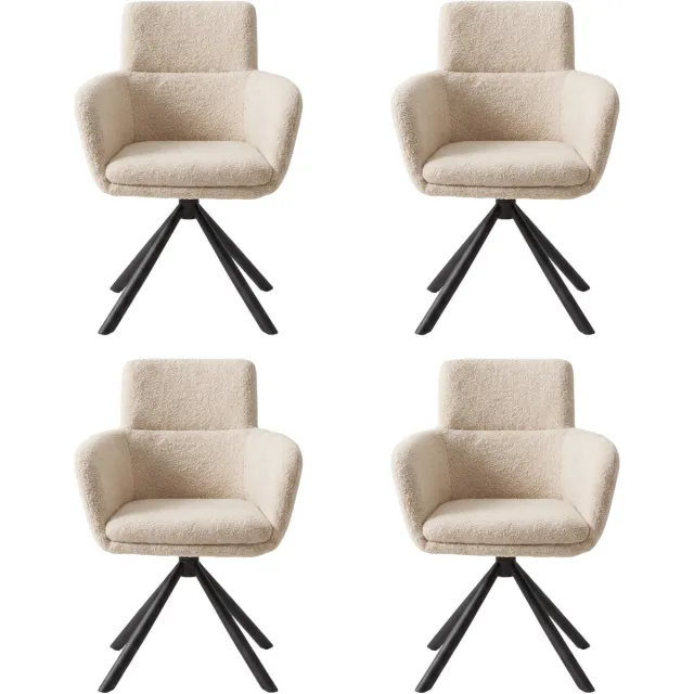 Fino Modo Vero Crema Eetkamerstoelen Set van 4 - Draaibaar 180° - Met Armleuning - Teddy Stof Crème - Zwart Metalen Onderstel - Gestoffeerde Eetkamerstoel