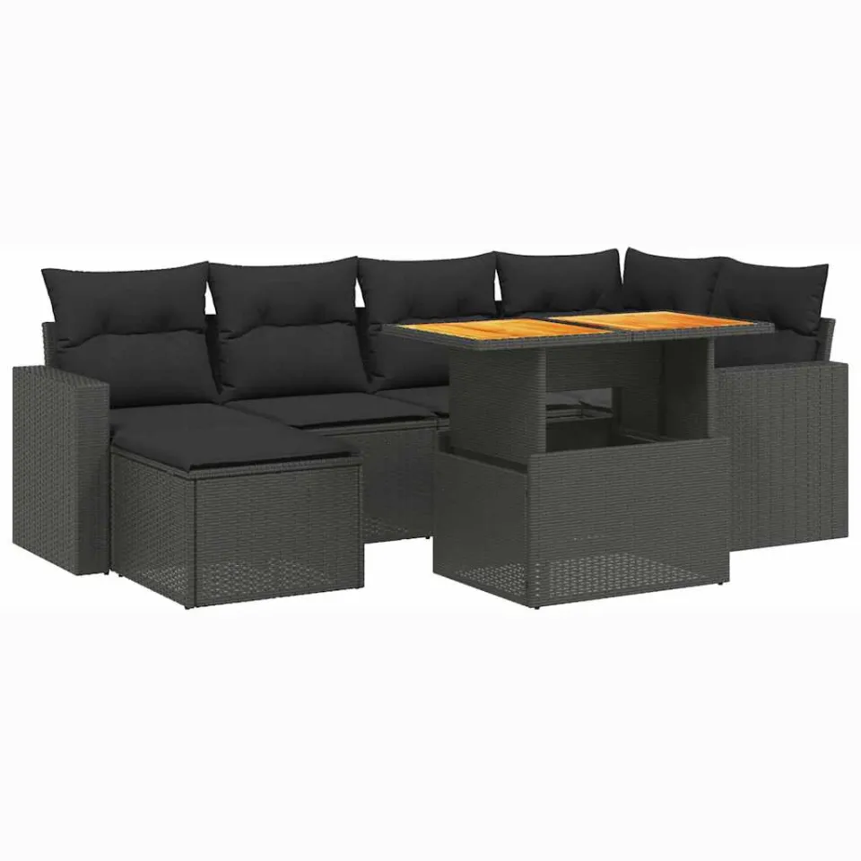vidaXL 7-delige Loungeset met kussens poly rattan zwart, foto 3