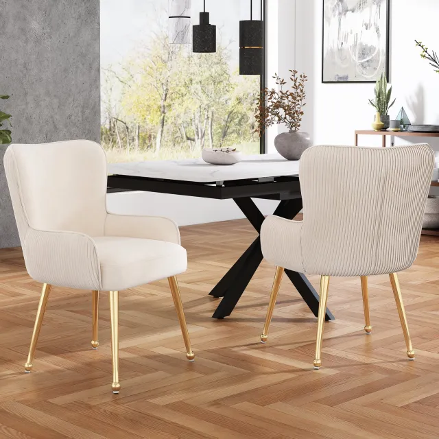 Maisentiel Eetkamerstoelen set van 2, 57 x 53 cm, velvet met armleuningen, beige/goud