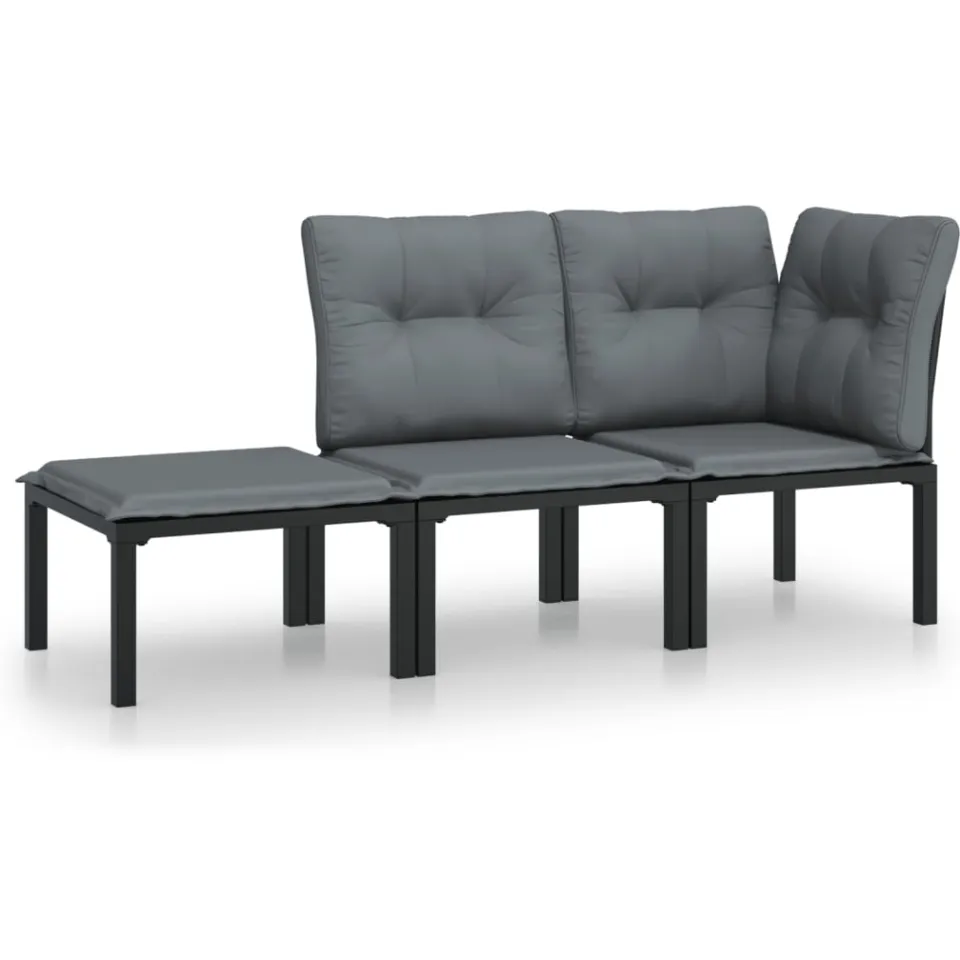 vidaXL 3-delige Loungeset met kussens poly rattan zwart en grijs, foto 3