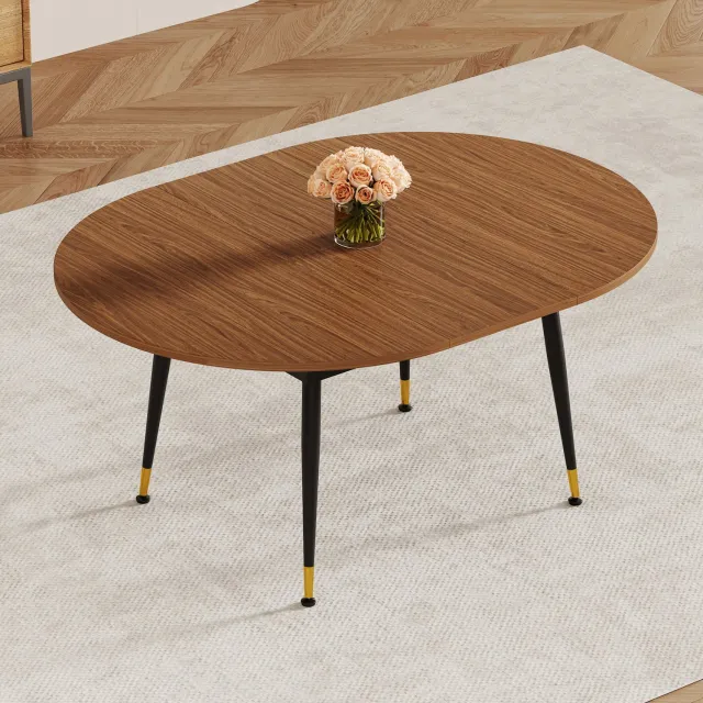 WUVRIE Uitschuifbare ovale eettafel 120-200 cm - MDF en metalen poten - Zwart/walnoot