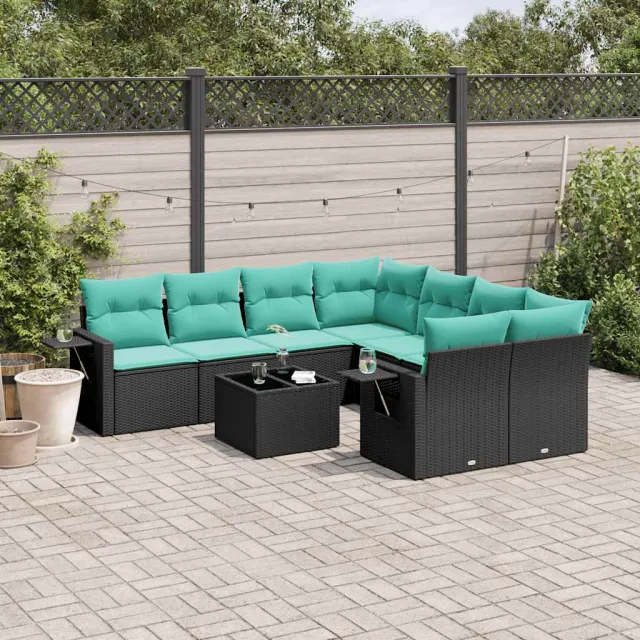 vidaXL 9-delige tuinbankset met kussens van zwart polyrotan, foto 2