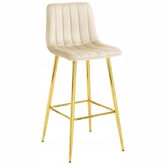 LEOBERT Barkruk POZZA - Lichtbeige Fluweel - Gouden Metalen Poten - Luxe Barkruk met Rugleuning Beige/Goud