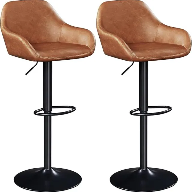Thuys Luxe Barkrukken – Set van 2 – Barstoel – Hoogte Verstelbaar – Industrieel – Keukenstoel – 360° Draaibaar – Leer – Bruin