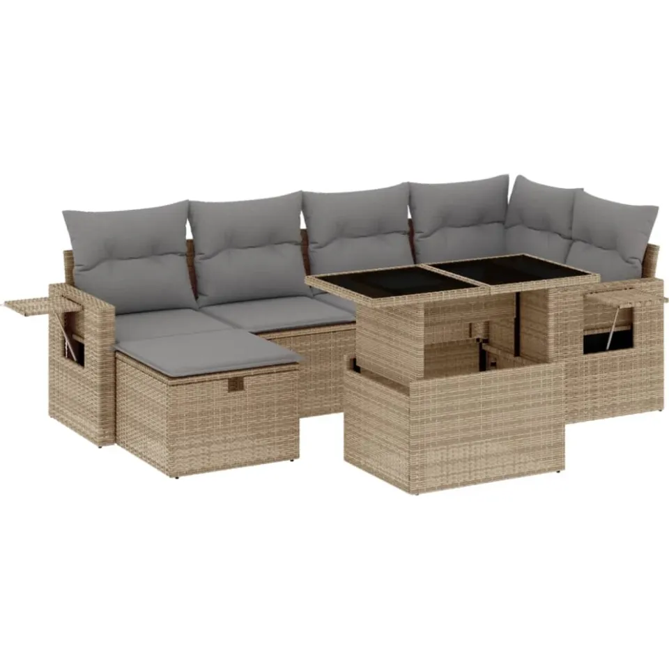 vidaXL 7-delige Loungeset met kussens poly rattan beige, foto 3