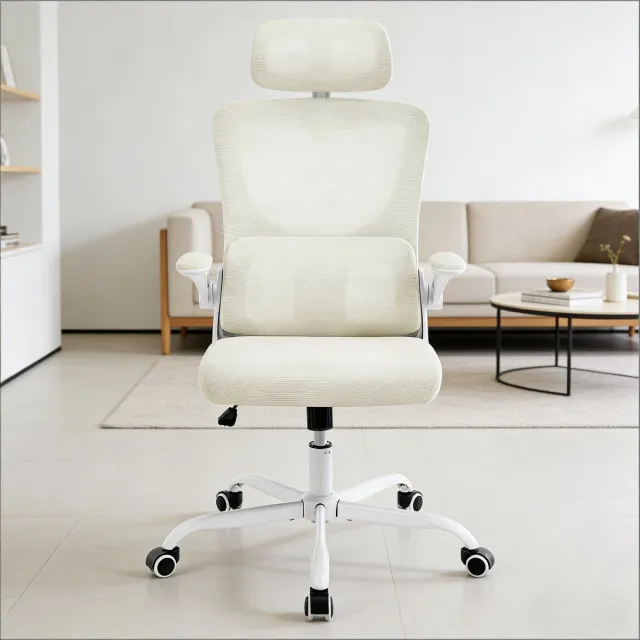 OKWISH Bureaustoel Hoge Rugleuning Verstelbaar Ergonomisch Voor Werk En Studie Metaal Mesh Beige